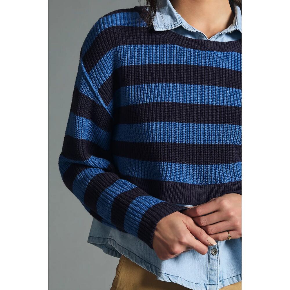 Anthropologie Pilcro Layered Twofer Sweater - Blue Stripe Chambray - M - Picture 5 of 11